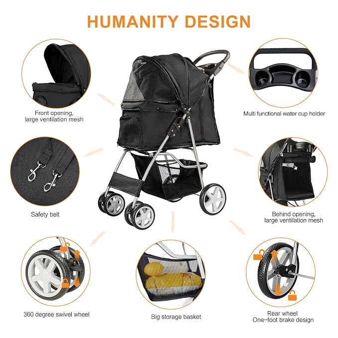 Pet Stroller for Small Dogs and CatsQuick-Folding Portable Travel Cat Dog Stroller with Storage Basket and Cup Holder, 4 Wheels, Pure Black