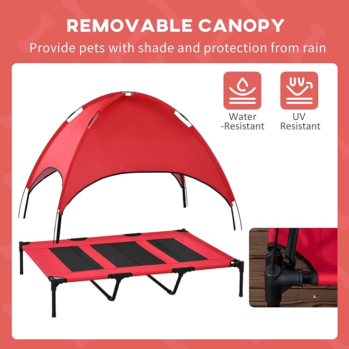 PawHut Elevated Dog Bed with Removable Canopy, Outdoor Dog Cot with UV Protection Canopy Shade, 48 inch Large Pet Bed for Camping, Red | Large Pet Bed, Outdoor Dog Cot, UV Protection Shade, Camping