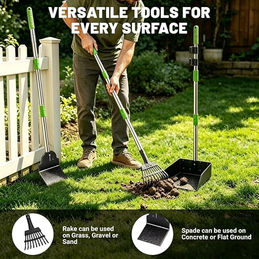 Dog Poop Trash Can Outside - 20L/5Gal Pooper Scooper Sets and Spade, Green | Outdoor Trash Can with Lid, Inner Bucket, Dog Poop Scooper Set, Metal Tray, Rake and Spade, 100 Trash Bags & Storage Box