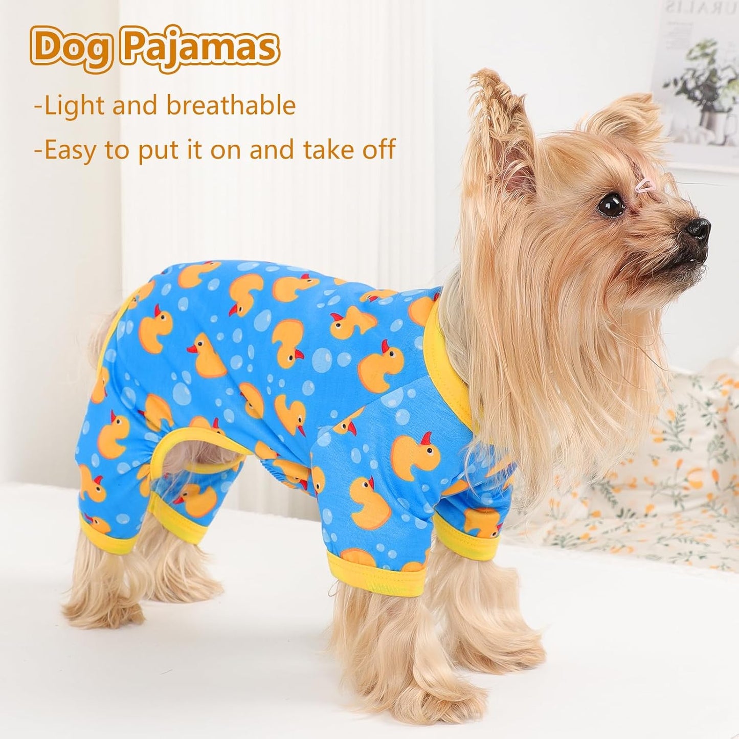 Dog Pajamas Small Sized Dogs Stretchable Summer Dog Clothes Pjs 4 Legs Girl Boy Cute Soft Puppy Outfits Doggie Cat Jammies Jumpsuit Sleeper for Pet, Blue Duck, L