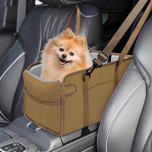 Portable Dog Car Seat for Small Dogs, Puppy Car Seat, Khaki | Booster Seat With Safety Leash & Adjustable Straps Keeps Small Dogs Secure. Removable Washable Cushion. Fits Most Cars.