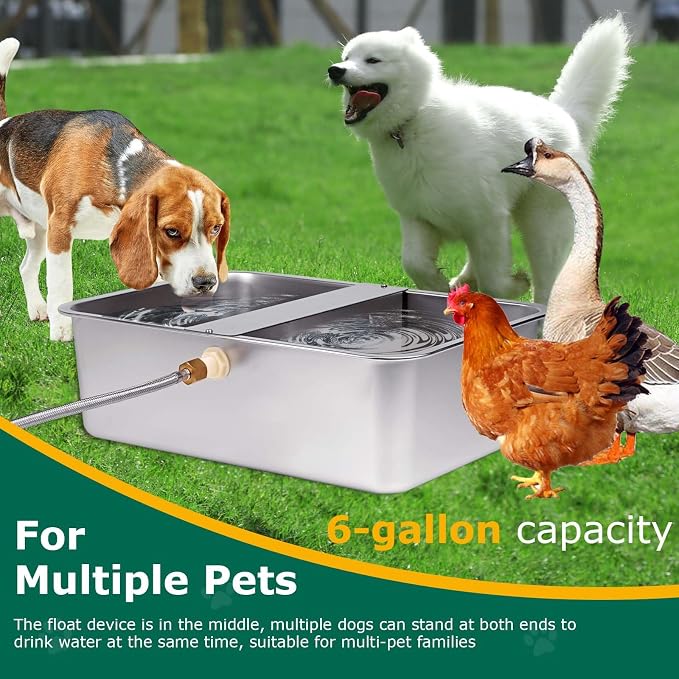 6 Gallon Automatic Dog Water Bowl Dispenser Outdoor Dog Waterer | Stainless Steel Outside Extra Large Self Filling Auto Water Bowl for Dogs Cats Pets Livestock Chicken