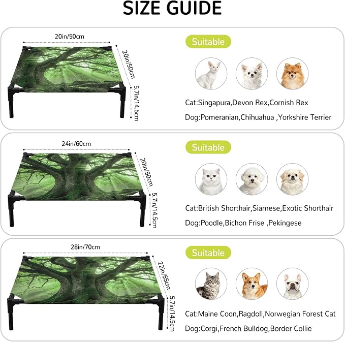 Outdoor Elevated Dog Bed for Large Dogs, Green Trees Breathable Cooling Raised Dog Cot for Indoor/Outdoor, Sunlight Forest Branches Nature Scenery Waterproof Elevated Pet Beds, L 28 x 22 in