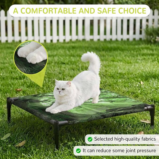 Outdoor Elevated Dog Bed for Small Dogs, Green Trees Breathable Cooling Raised Dog Cot for Indoor/Outdoor, Sunlight Forest Branches Nature Scenery Waterproof Elevated Pet Beds, S 20 x 20 in