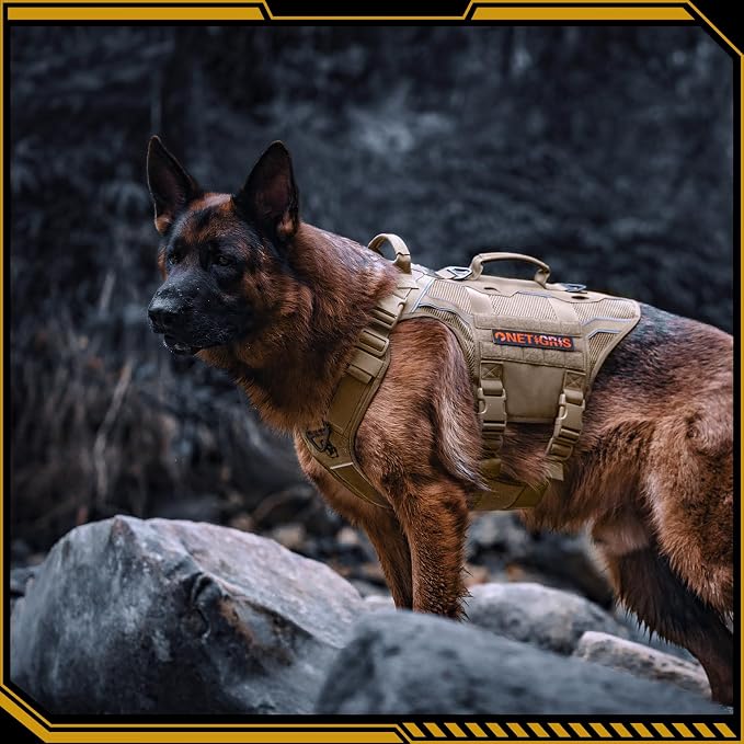 OneTigris Tactical Dog Harness for Large Dogs, Adjustable Tactical Dog Harness with Handles, Reflective Vest Heavy Duty & Breathable Military Assistance Vest with No Pull Buckle, Brown