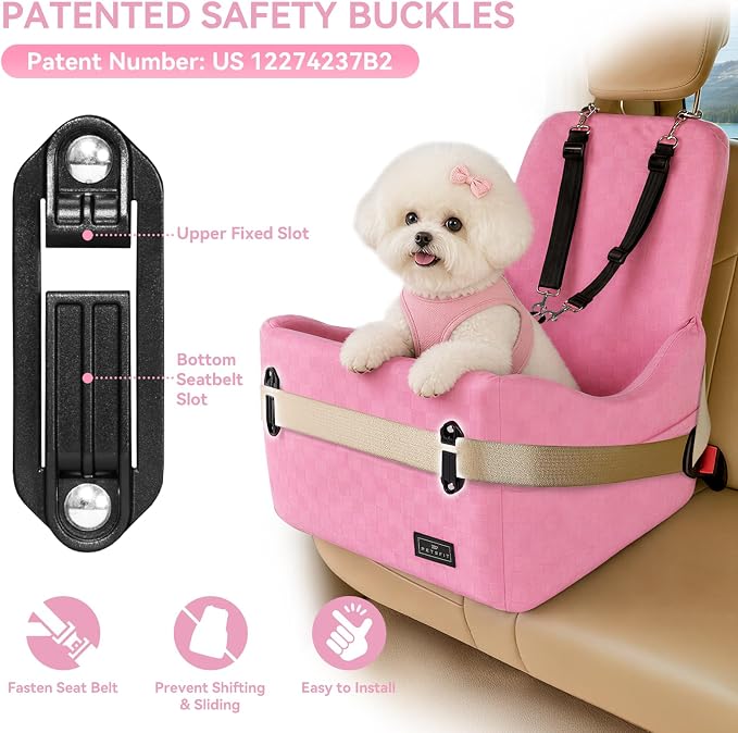 PETSFIT Cat Car Seat with Patented Safety System, 5" Elevated Pad, Pink | Fully Detachable Washable Cover, Memory Foam Dog Booster Seat for Small/Medium Dogs Up to 35 Lbs with 2 Storage Pockets