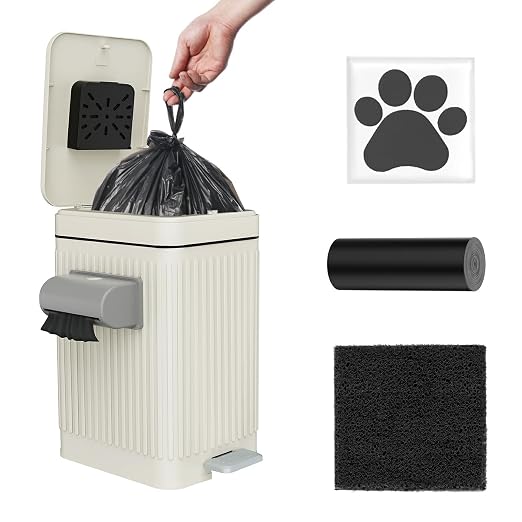 Dog Poop Trash Can for Outside & Indoor, 5L/1.3Gal Small Odor Control Pet Waste Bin with Carbon Filter, 2-Way Open (Step & Press Top), Dog Waste Container with Trash Bag Holder, White