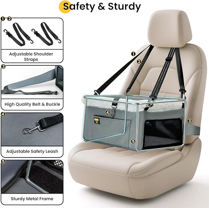 Conlun 2-Pack Dog Car Seat Boosters for Small Pets Under 20lbs, Portable Travel Puppy Car Seats with Internal Steel Frame, Comfort Cushions & Storage Pockets, Grey