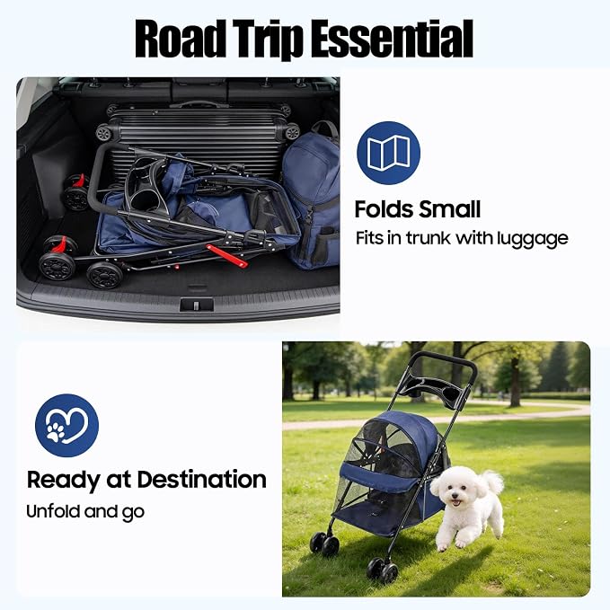 Pet Stroller for Small Medium Dogs Cats, Lightweight Foldable Pet Wagon with 360° Front Wheels & Brake, 40 lbs Capacity Carrier for Park Travel Shopping, Breathable Mesh Basket (Navy Blue)