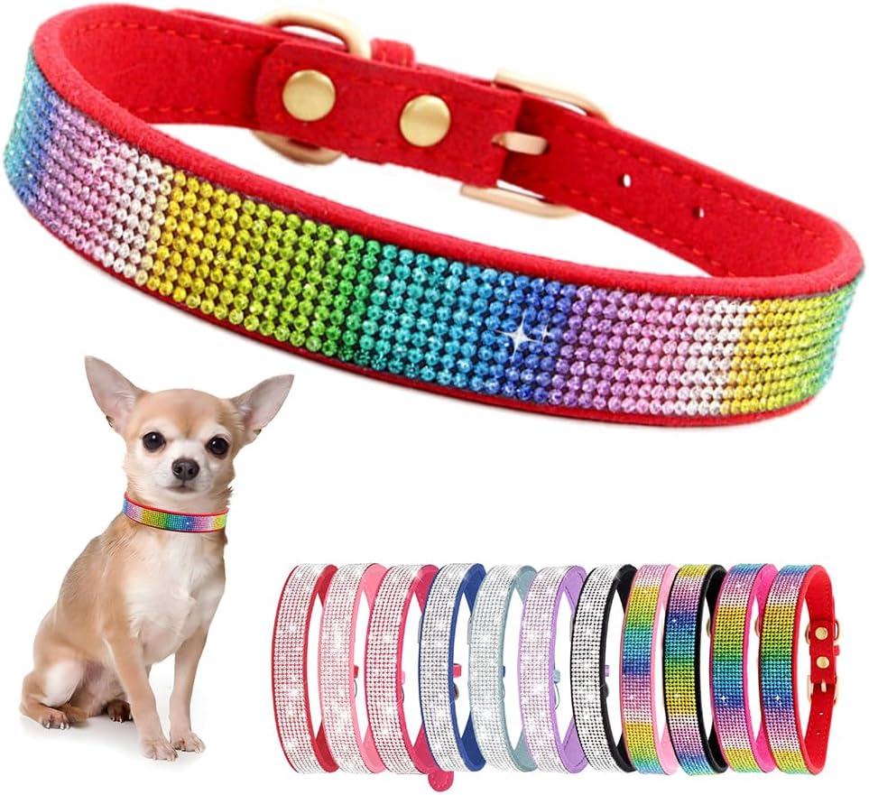 Rhinestone Dog Collar for Small Dogs, Bling Diamond Fancy Crystal Glitter Pretty Jewel Pet Puppy Collars for XXS XS Small Medium Large Breed Girl Dogs Female Cats Kitten, Colorful Red M