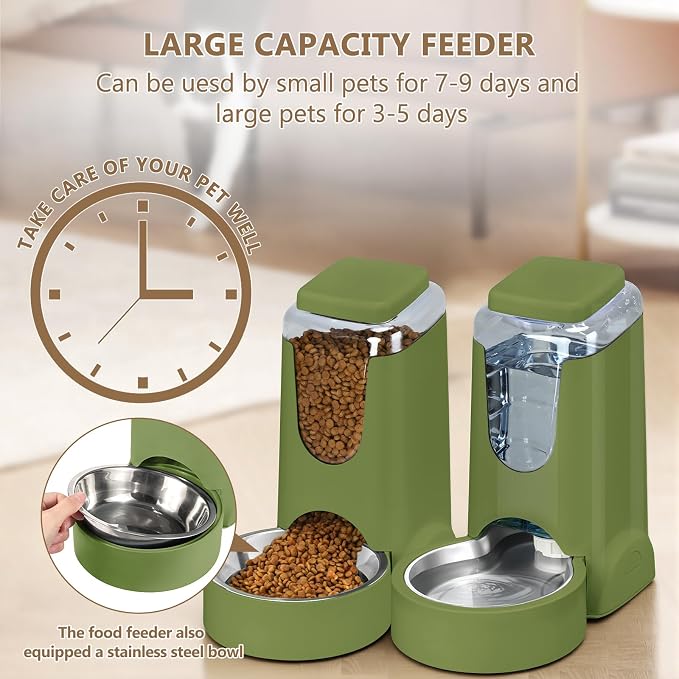 HWONMTE Portable Automatic Cat Feeder and Water Dispenser with Stainless Steel Bowl Dog Gravity Food Feeder and Waterer for Small Medium Pets Puppy Kitten 1 Gallon x 2 (Olive Green)