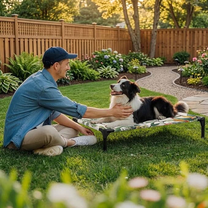 Outdoor Elevated Dog Bed for Large Dogs, Summer Palm Tree Breathable Cooling Raised Dog Cot for Indoor/Outdoor, Tropical Botanical Floral Coastal Rustic Waterproof Elevated Pet Beds, L 28 x 22 in