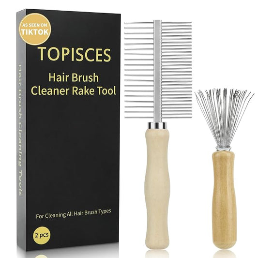 2-Pack Dual-Sided Hair Brush Cleaning Tool - Mini Cleaner Comb with Wooden Handle for Removes Hair & Buildup from Boar Bristle, Paddle, Detangling & Styling Brushes