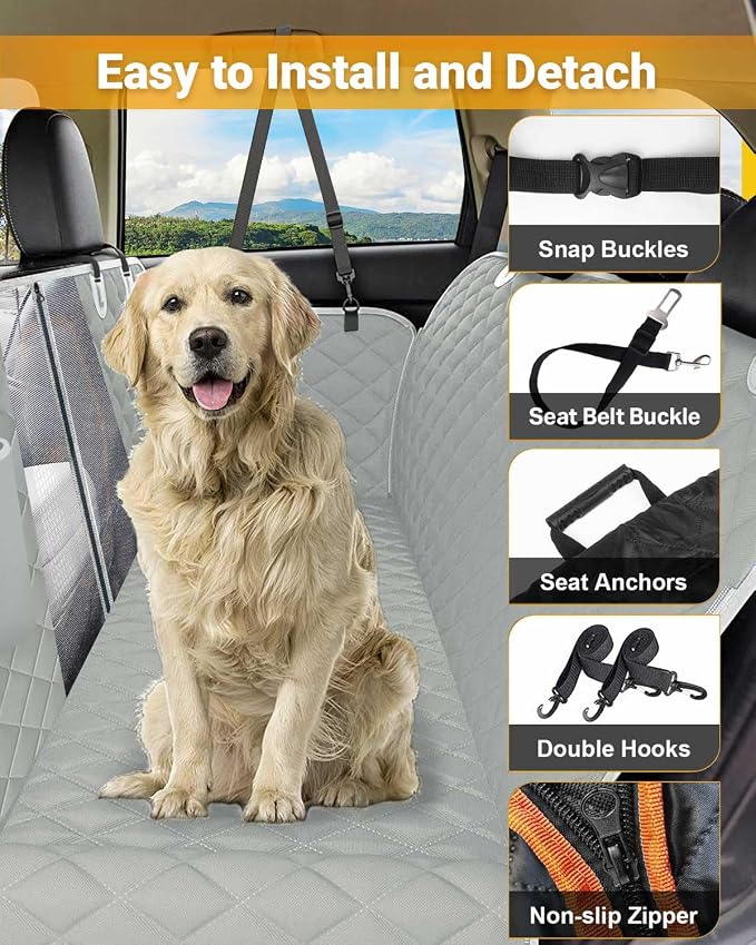 Victoper Dog Car Seat Cover, 600D Heavy Dute Car Seat Cover for Dogs Pets, 100% Waterproof Anti-Scratch Nonslip Dog Hammock for Cars, Seat Covers Protector with Seatbelt for Sedan SUV Truck XL Gray