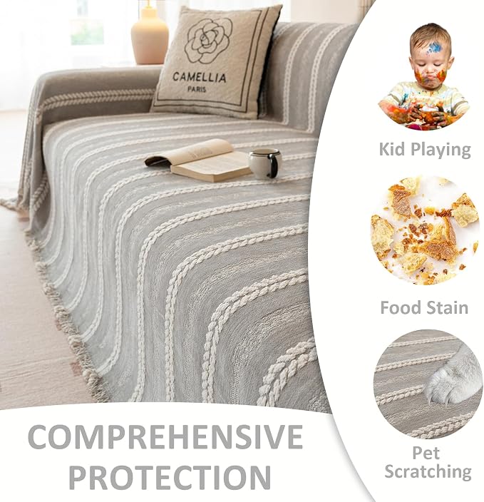 VClife Chenille Sofa Cover Bohemian Striped Pattern Couch Cover for 2 Cushion Sofa - Gray Creamy White Textured Sofa Slipcover Washable Furniture Protector for Couch Decorative Couch Cushion Cover