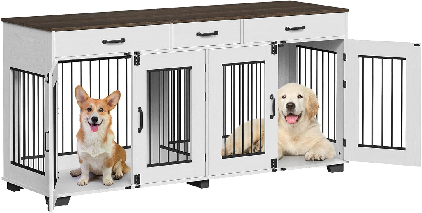 71'' Dog Crate Furniture, Wooden Indoor Dog Kennel for 2 Dogs with 3 Drawers and Removable Room Divider, XXL Double Dog Crate TV Stand End Table with Double Doors for Large Medium Dogs, White