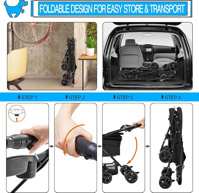 3-in-1 Pet Stroller for Small Dogs and Cats, Folding Lightweight Dog Stroller with Detachable Carrier Portable Cat Puppy Jogging Stroller with Cup Holder and Storage Basket, 4 Wheels
