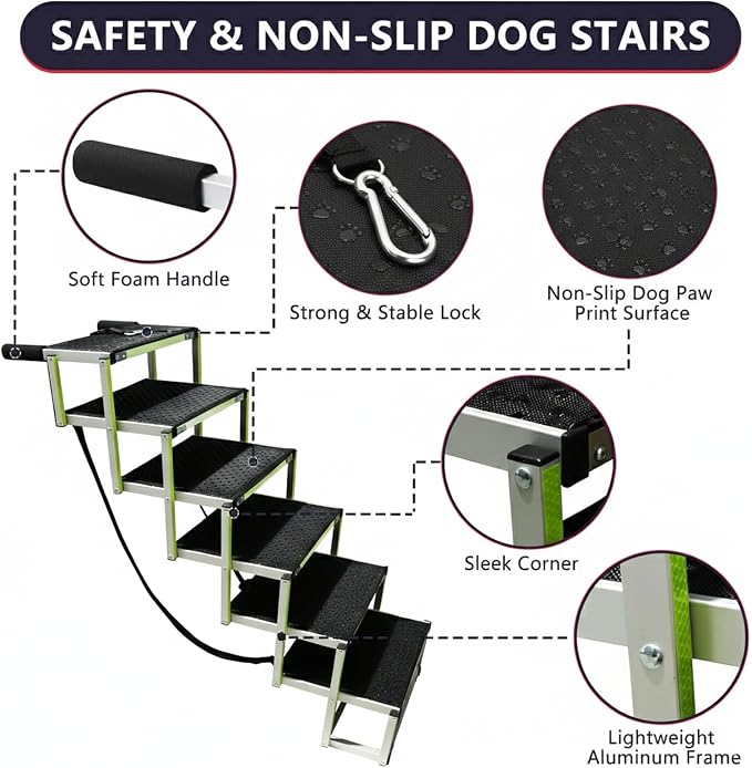 Dog Ramps for Small & Big Dogs Portable Folding Pet Stairs with Nonslip Surface Foldable Truck Ramp Stairs for Car, SUV and Trucks, Supports Up to 250LBS, 6 Steps