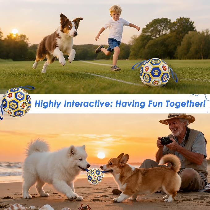 Vivifying World Cup Dog Toys Balls, Interactive Soccer Ball for Small Medium Dogs, Durable PU Enrichment Training Toy with Straps for Indoor and Outdoor Tug-of-War & Playing (6 Inches)