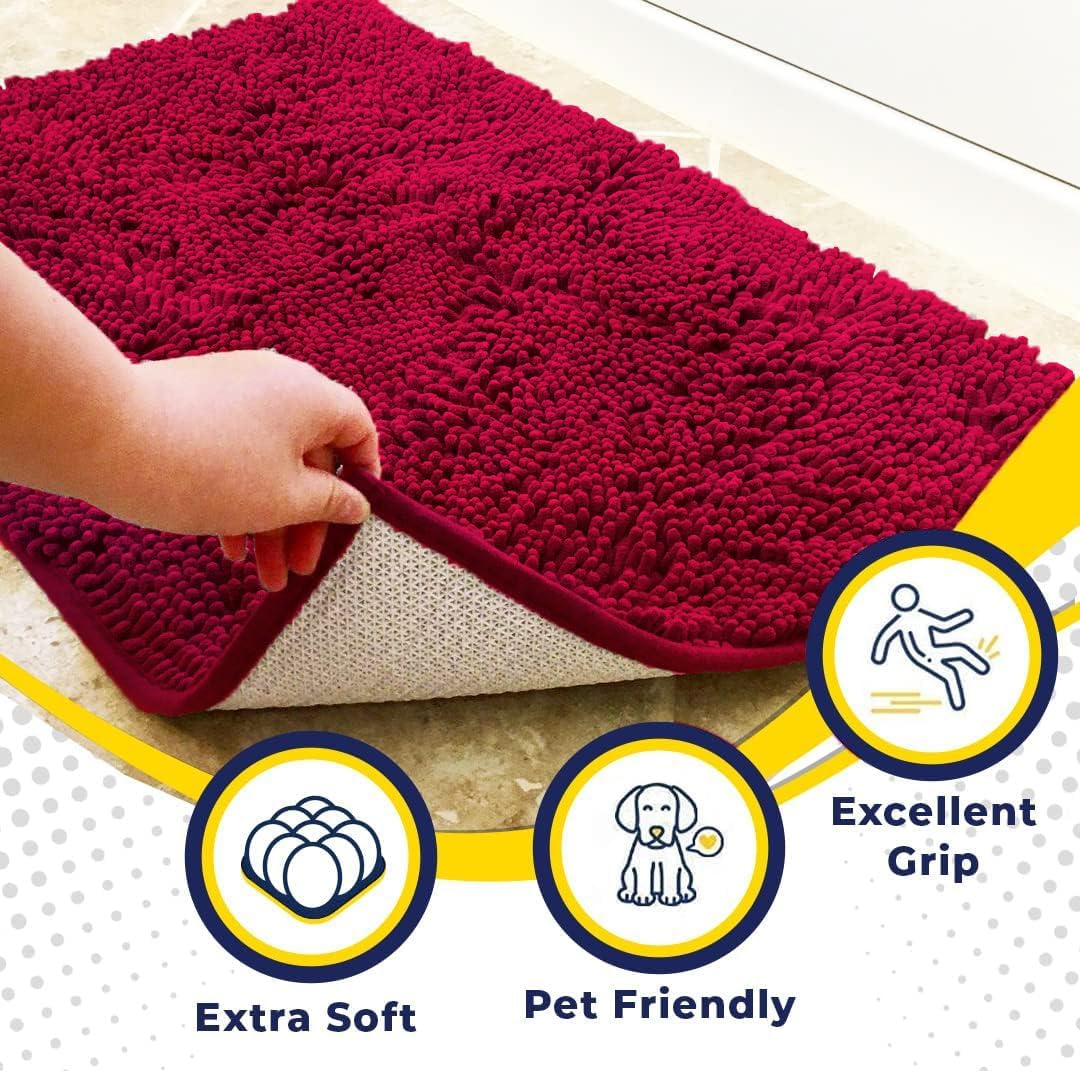 Muddy Mat® AS-SEEN-ON-TV Highly Absorbent Microfiber Door Mat and Pet Rug, Non Slip Thick Washable Area and Bath Mat Soft Chenille for Kitchen Bathroom Bedroom Indoor and Outdoor - Maroon 24" x 120"