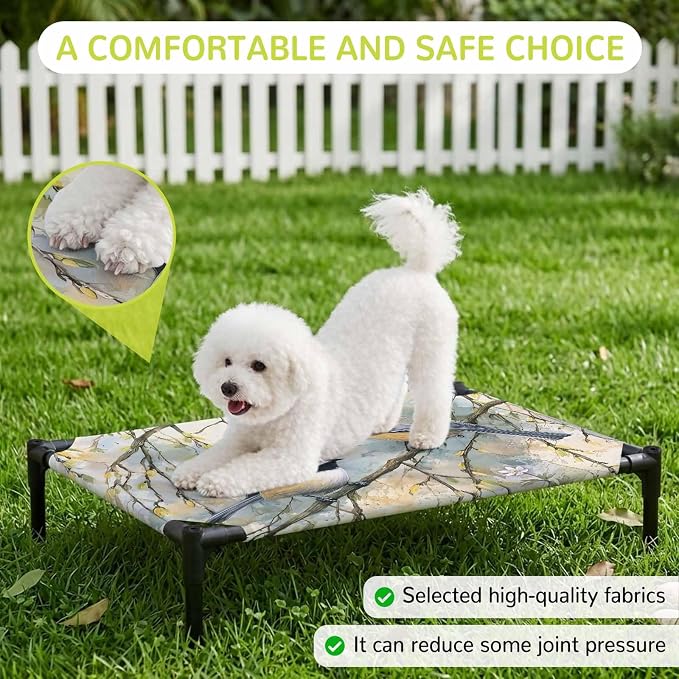 Outdoor Elevated Dog Bed for Large Dogs, Birds Branches Breathable Cooling Raised Dog Cot for Indoor/Outdoor, Country Elegant Pastoral Floral Waterproof Elevated Pet Beds, L 28 x 22 in