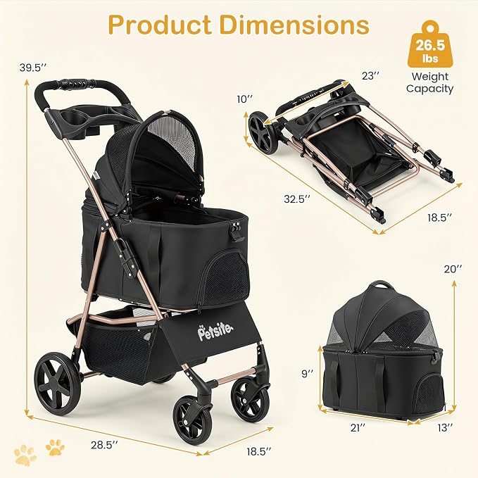 PETSITE 3-in-1 Pet Stroller for Small Medium Dogs, One-Click Foldable Dog Stroller with Detachable Carrier, Cup Holder & Storage Basket, Safety Leash, One-Step Rear Brake, Breathable Window (Black)