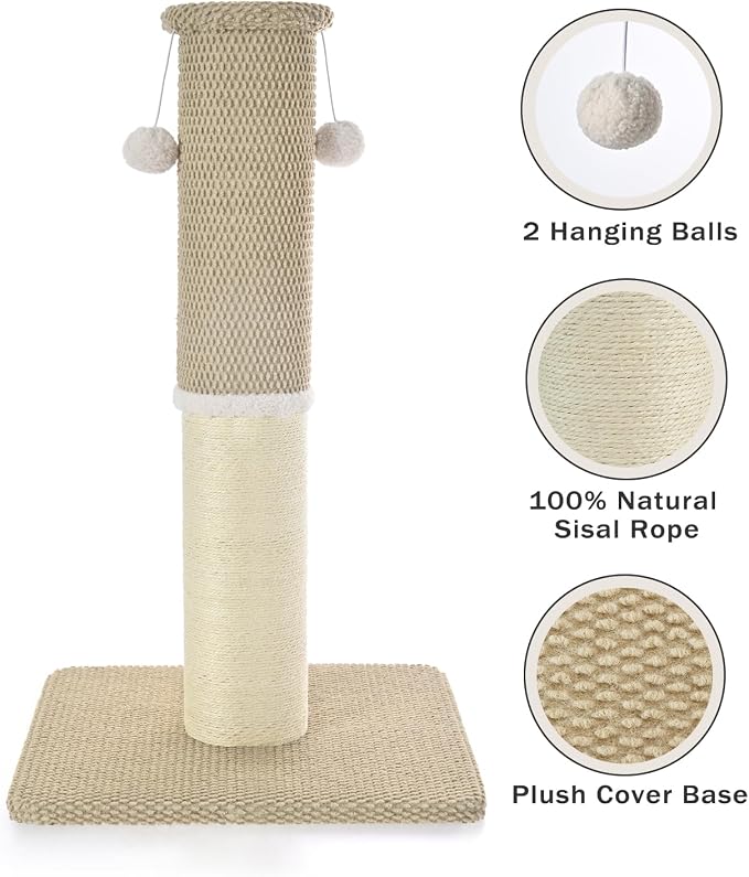 Made4Pets Tall Cat Scratching Post with Sisal & Carpet for Indoor Cats, 33" | Cat Scratcher with Wide Stable Base, Interactive Hanging Toys, Ideal for Adult Cats, Large Breeds and Full-Body Stretching