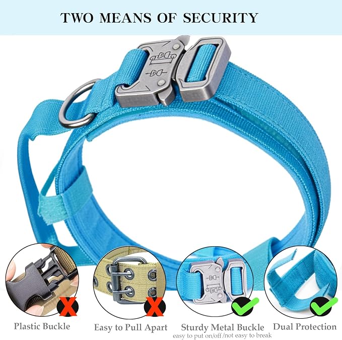 Tactical Dog Collar for Large Dogs with Control Handle,Blue,XXL | 1000D Heavy-Duty Nylon Fabric,Quick-Release Metal Buckle,Adjustable Fit,Soft-Padded Webbing,D-Ring,for Training & Hiking