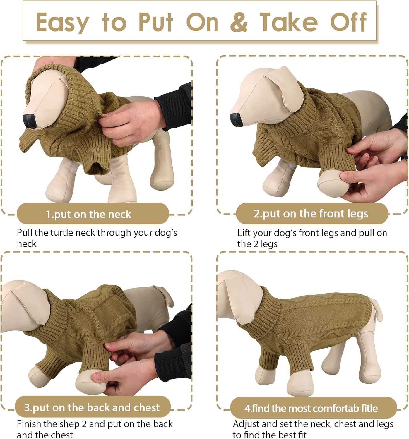 Queenmore Small Dog Pullover Sweater, Cold Weather Cable Knitwear, Classic Turtleneck Thick Warm Clothes for Chihuahua, Bulldog, Dachshund, Pug (Light Brown, Small)