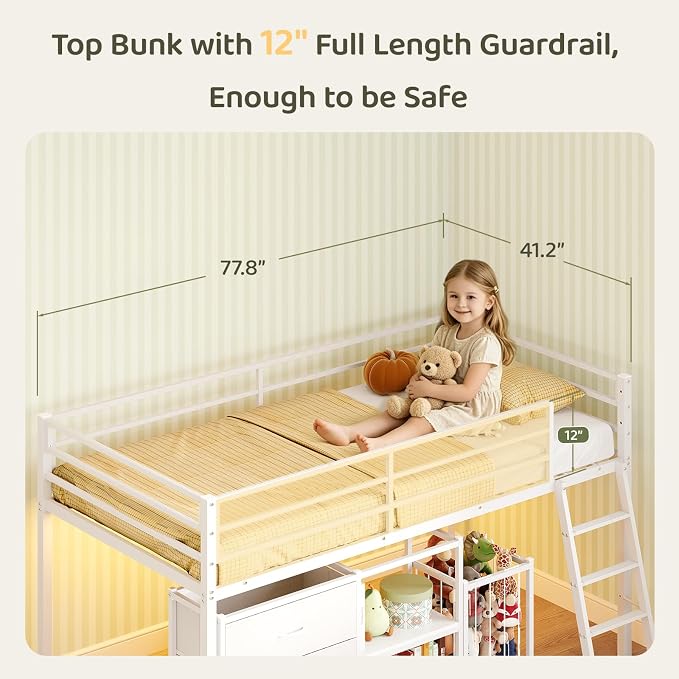 Bonnlo Low Loft Bed with 3 Drawers, 2-Tier Storage Shelf and Toy Storage Basket, Metal loft Bed Twin Size with LED Lights and Safety Guardrail for Kids (White)