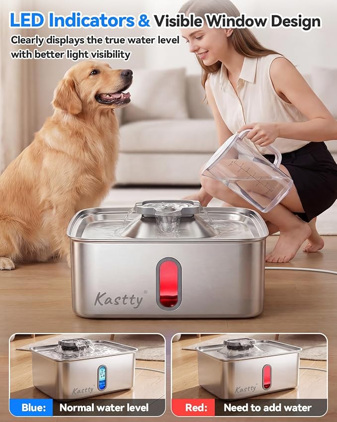 Kastty 4Gal/15L Stainless Steel Dog Water Fountain for Large Multi-Pet | Large Capacity Pet Water Fountain with Water Level LED Light, Ultra Quiet Dog Water Bowl Dispenser, Easy to Clean (FS78,Grey)