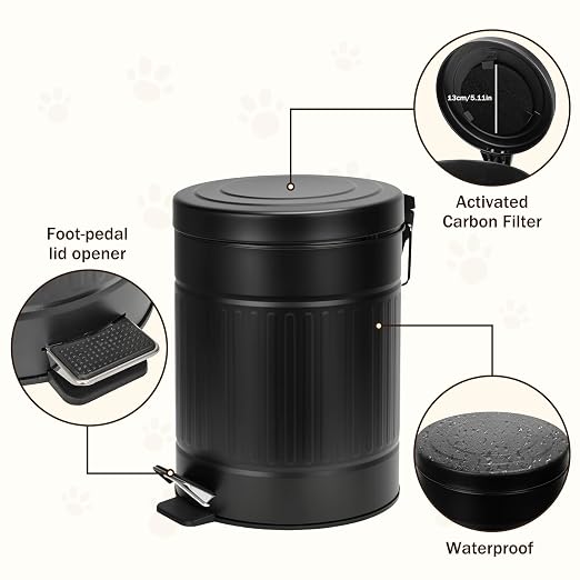 5L/1.3 Gal Dog Poop Trash Can with Lid - Stainless Steel Outdoor Pet Waste Bin, Step Pedal Soft Close Garbage Can for Backyard, Bathroom, Office - Odor Control, Farmhouse Retro Style (Black)