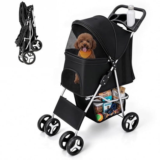 ZENY Foldable Pet Stroller, Cat/Dog Stroller with 4 Wheel, Pet Travel Carrier Strolling Cart with Storage Basket, Cup Holder (Black)