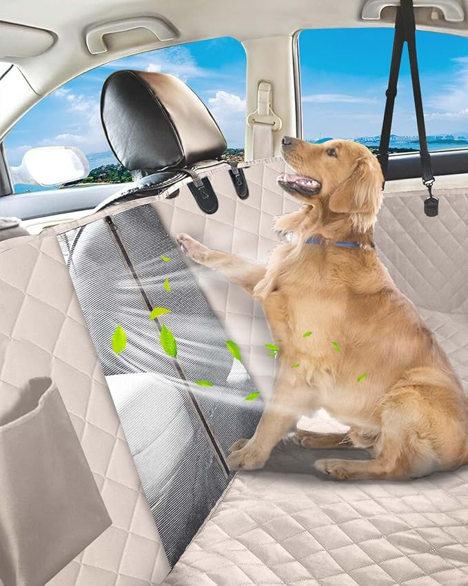 Dog Car Seat Cover, 600D Heavy Dute Car Seat Cover for Dogs Pets, 100% Waterproof Anti-Scratch Nonslip Dog Hammock for Cars, Seat Covers Protector with SeatBelt for Sedan SUV Truck Standard Khaki