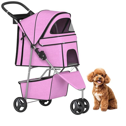 BestPet 3 Wheels Pet Dog Stroller Cat Cage for Medium Small Dogs Cats Travel Folding Carrier Waterproof Puppy Stroller with Cup Holder & Removable Liner,Pink
