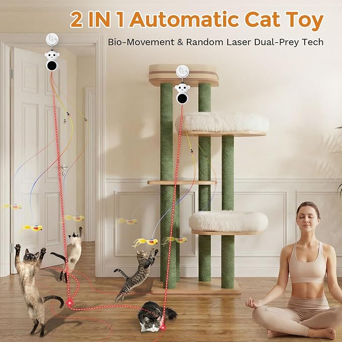 Interactive Cat Toys for Indoor Cats - 2 in 1 Automatic Cat Toy with Flying Bird，Smart Moving Wand Toy with 2 Modes, Auto On/Off Hanging Safe Toys for Bored Kitten & Adult Cats (Green)