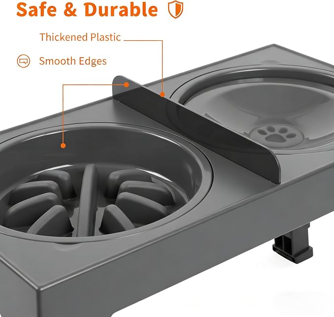3-in-1 Elevated Slow Feeder and Water Bowls for Dogs, 4 Height Adjustable Raised, Separate Dry and Wet Areas, Prevent Water Overflow, Foldable Pet Bowl