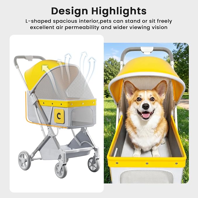 Dog Strollers for Small Medium Dogs 50 lbs,4 Wheels All-Terrain Cat Stroller,One-Click Folding Pet Stroller,Breathable Mesh,Storage Basket(Yellow)