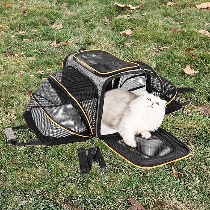 Expandable Cat Carrier Pet Carrier with 2 Extensions,Airline Approved Soft-Sided Portable Dog Travel Washable Carrier for Kittens,Puppies,Removable Soft Plush Mat (Grey Orange, Medium)