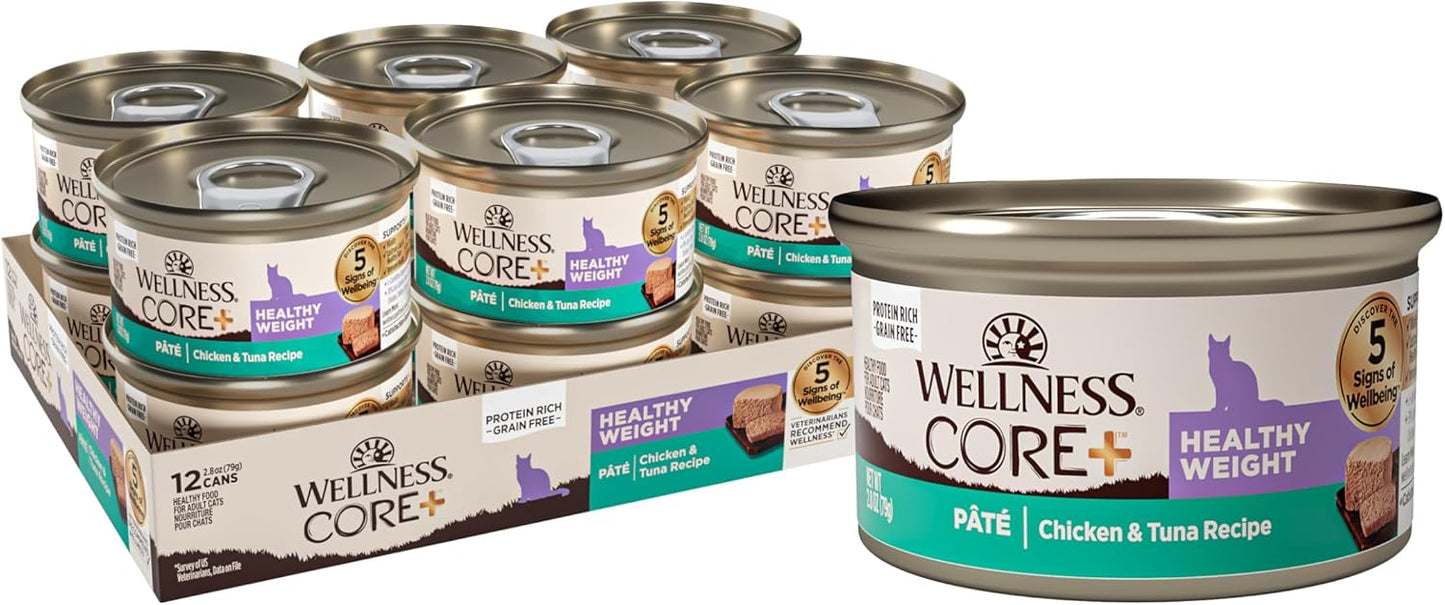Wellness CORE+ Healthy Weight Pate Adult Wet Cat Food, Natural, Protein-Rich, Grain Free, 2.8 Ounce, 12 Pack (Chicken & Tuna)