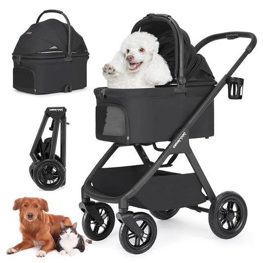 X-5 Pet Stroller with Inflatable Wheels for Medium Pets Black | Adjustable Handle, 55lbs Load, 3-in-1 Detachable Carrier, All-Terrain Inflatable Wheels, One-Touch Fold