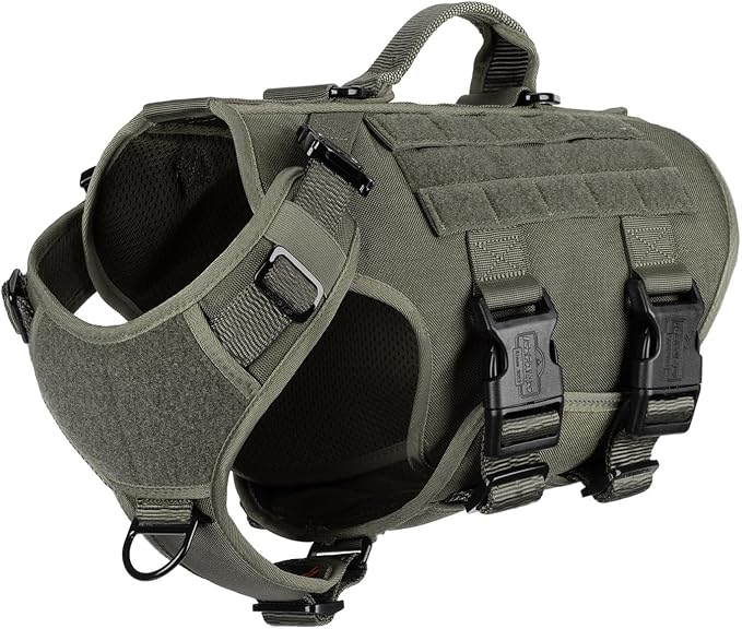 ICEFANG No Pull Tactical Dog Harness for Medium Dogs,Adjustable Dog Vest | Control Handle,MOLLE Panel,Front Hook,3 Leash Clips,Soft Padded,for walking training,Green,Medium
