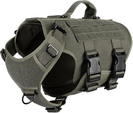 ICEFANG No Pull Tactical Dog Harness for Medium Dogs,Adjustable Dog Vest | Control Handle,MOLLE Panel,Front Hook,3 Leash Clips,Soft Padded,for walking training,Green,Medium