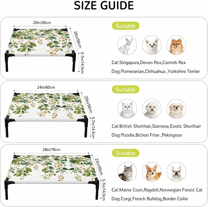 Outdoor Elevated Dog Bed for Large Dogs, Floral Vine Breathable Cooling Raised Dog Cot for Indoor/Outdoor, White Hanging Buds Botanical Flowers Farmhouse Waterproof Elevated Pet Beds, L 28 x 22 in