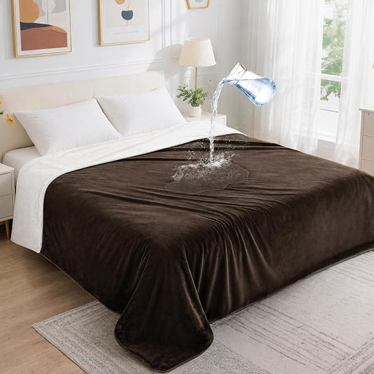 LOOBANI Waterproof Flannel Blanket for Bed, Twin Size 60"x80", Coffee | Double-Side Leak-Proof, Reversible, Stain-Proof Sofa Cover for Rest Movie Time, Furniture Protection, Medium Large Dogs