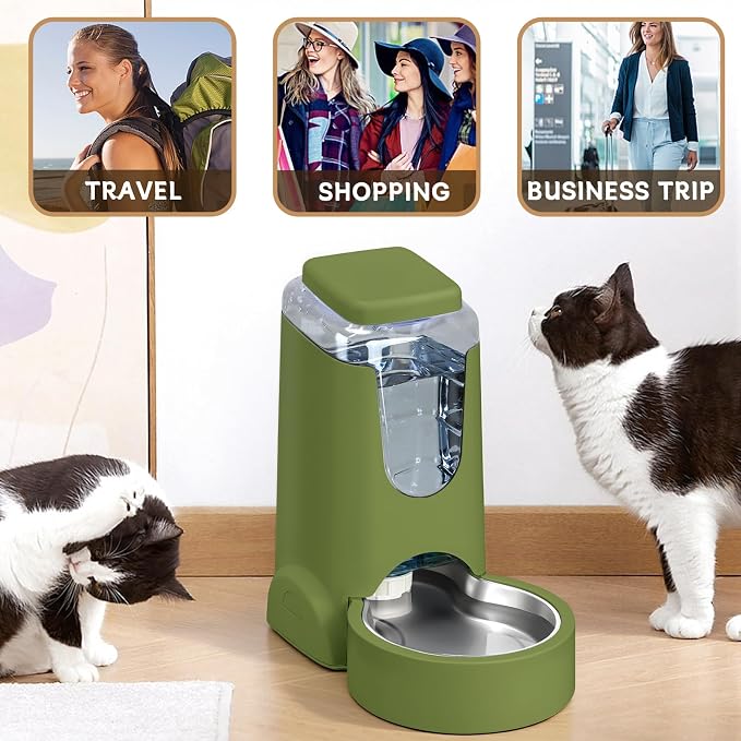 HWONMTE Portable Automatic Cat Feeder and Water Dispenser with Stainless Steel Bowl Dog Gravity Food Feeder and Waterer for Small Medium Pets Puppy Kitten 1 Gallon x 2 (Olive Green)