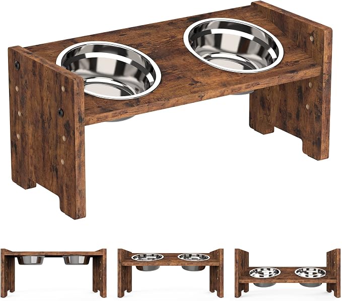 Elevated Dog Bowls, Raised Bowl Stand Adjustable Small, Rustic Brown | Particle Board Raised Feeder with 2 Stainless Steel Bowls, Adjustable Height for Small Puppies and Cats