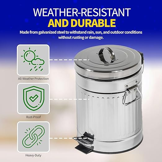 Pet Fit For Life Steel Trash Can with Lid, Small, 5L/1.3 Gallons | Steel Galvanized Bin with Step Foot Pedal, Plastic Inner Lining, Liner Bags, Weather-Resistant Design, 11 Inches Tall