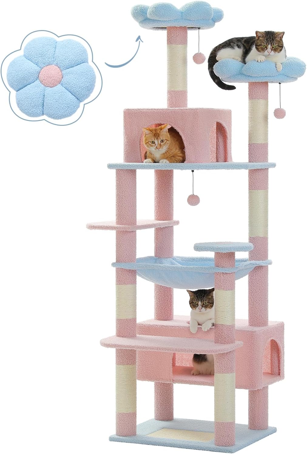 PAWZ Road Flower Cat Tree, 72 Inches Large Cat Tower with Steel Frame Hammock and 7 Scratching Posts, Tall Cat Tree with 2 Condos and Perches for Large Indoor Cats - Blue