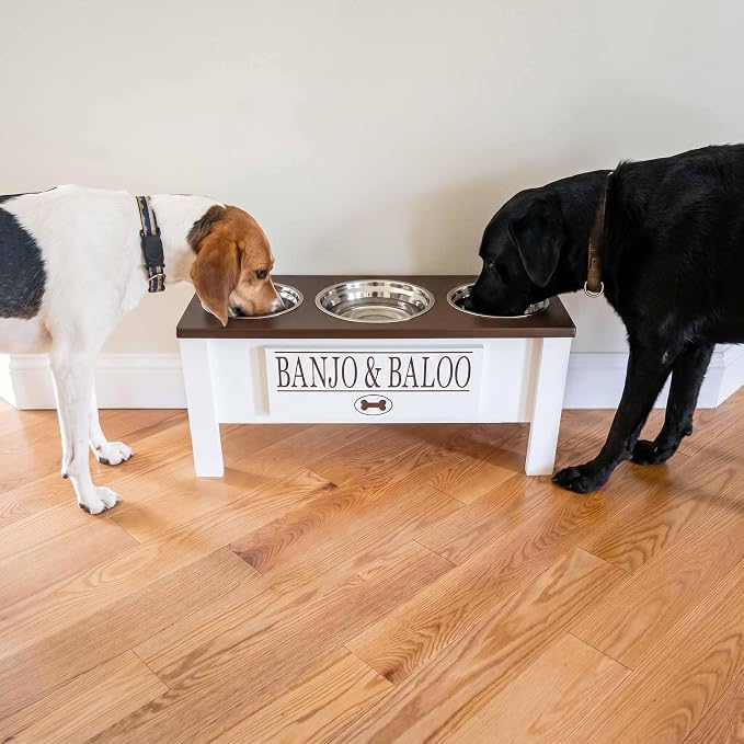 3 Bowl Dog Feeding Station, Personalized Triple Bowl Food Stand Large Dogs | Farmhouse Style, Elevated Wood Stand, Storage Container, Stainless Steel Bowls, Raised Feeder, Large Breed, Made in USA